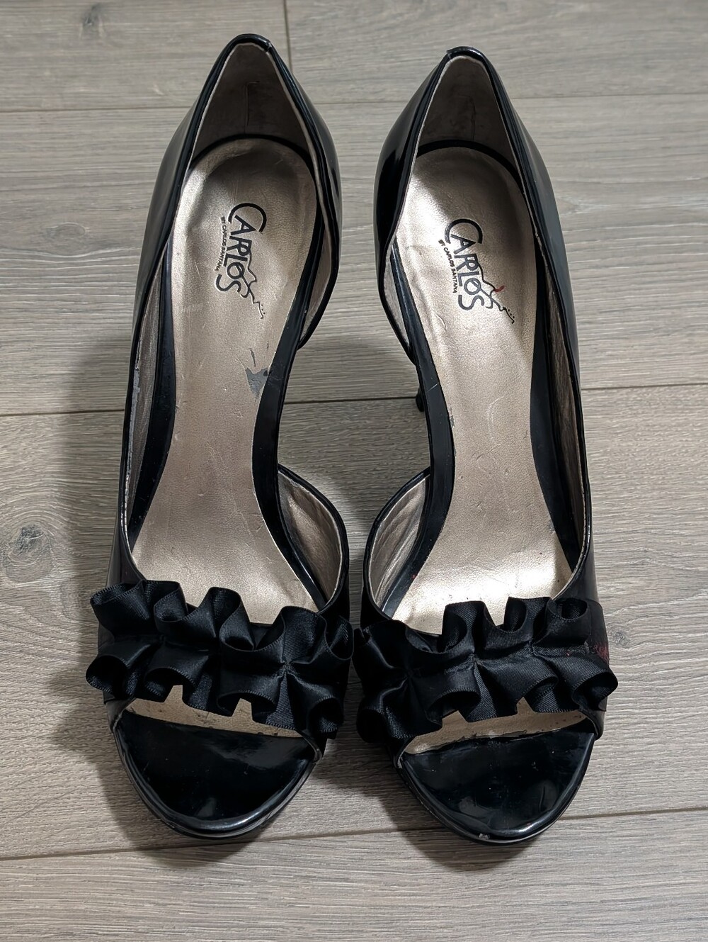 Carlos Santana Black Patent D'Orsay Peep Toe Ruffle Heels Stiletto Pumps Sz 9M🖤